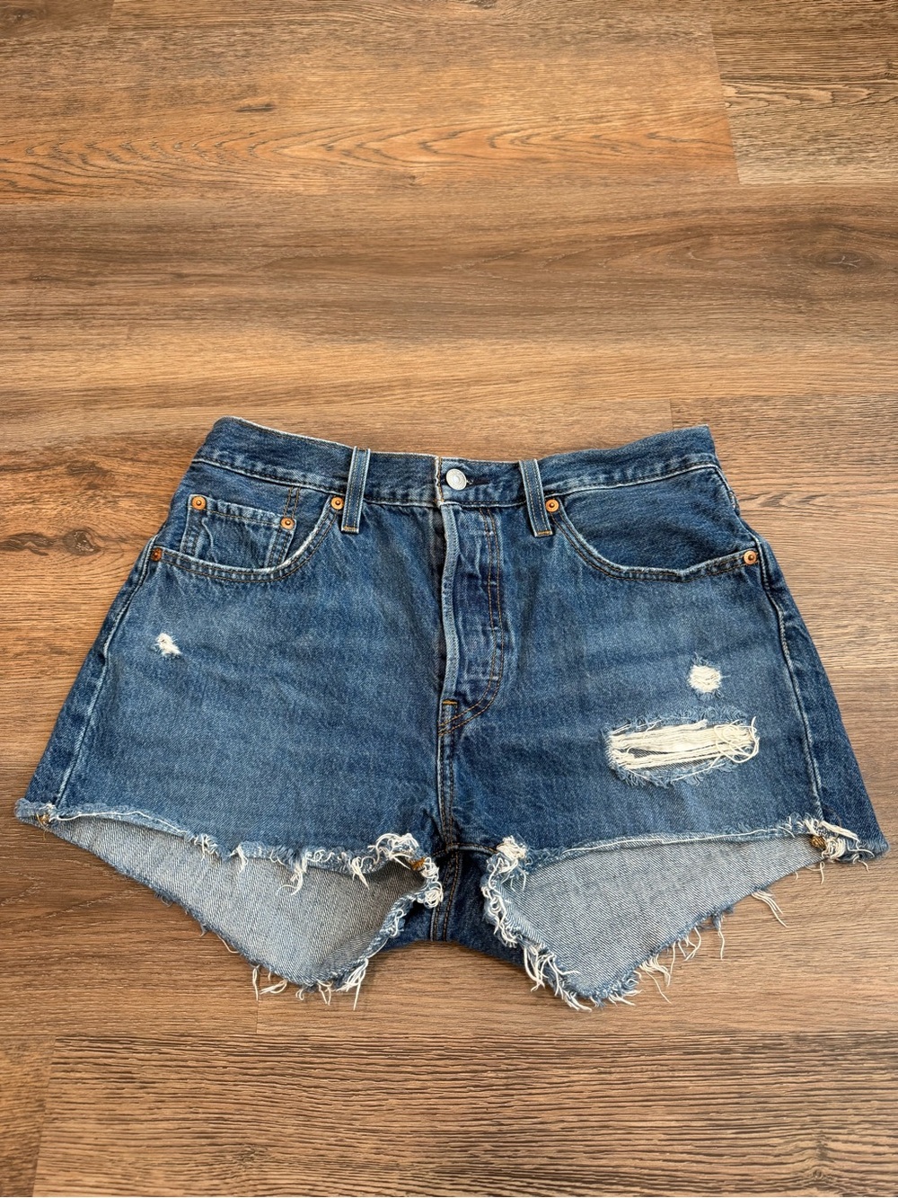 Levi’s 501 Original Cutoff Denim Shorts Dark Wash Distressed Frayed Hem Size 29